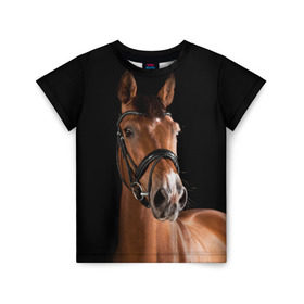 Детская футболка 3D с принтом Гнедая лошадь в Екатеринбурге, 100% гипоаллергенный полиэфир | прямой крой, круглый вырез горловины, длина до линии бедер, чуть спущенное плечо, ткань немного тянется | Тематика изображения на принте: animal | beautiful | black | brown | eyes | gloss | harness | horse | look | muzzle | взгляд | глаза | гнедая | животное | конь | коричневый | красивый | лоск | лошадь | сбруя | скакун | черный