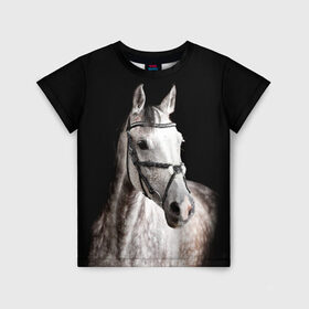 Детская футболка 3D с принтом Серный в яблоках конь в Екатеринбурге, 100% гипоаллергенный полиэфир | прямой крой, круглый вырез горловины, длина до линии бедер, чуть спущенное плечо, ткань немного тянется | animal | beautiful | black | eyes | gloss | harness | horse | look | muzzle | spotted | white | белый | в яблоках | взгляд | глаза | животное | конь | красивый | лоск | лошадь | пятнистый | сбруя | серый | скакун | черный