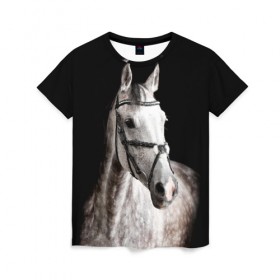 Женская футболка 3D с принтом Серный в яблоках конь в Екатеринбурге, 100% полиэфир ( синтетическое хлопкоподобное полотно) | прямой крой, круглый вырез горловины, длина до линии бедер | animal | beautiful | black | eyes | gloss | harness | horse | look | muzzle | spotted | white | белый | в яблоках | взгляд | глаза | животное | конь | красивый | лоск | лошадь | пятнистый | сбруя | серый | скакун | черный