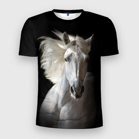Мужская футболка 3D спортивная с принтом Белая лошадь в Екатеринбурге, 100% полиэстер с улучшенными характеристиками | приталенный силуэт, круглая горловина, широкие плечи, сужается к линии бедра | animal | beautiful | black | eyes | gloss | grace | harness | horse | look | mane | muzzle | strength | white | белая | взгляд | глаза | грация | грива | животное | конь | красивый | лоск | лошадь | сбруя | сила | скакун