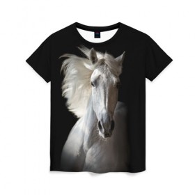 Женская футболка 3D с принтом Белая лошадь в Екатеринбурге, 100% полиэфир ( синтетическое хлопкоподобное полотно) | прямой крой, круглый вырез горловины, длина до линии бедер | animal | beautiful | black | eyes | gloss | grace | harness | horse | look | mane | muzzle | strength | white | белая | взгляд | глаза | грация | грива | животное | конь | красивый | лоск | лошадь | сбруя | сила | скакун