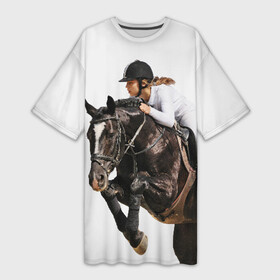 Платье-футболка 3D с принтом Наездница в Екатеринбурге,  |  | animal | coffee | girl | harness | horse | rider | riding | sport | white | woman | белый | девушка | езда | женщина | животное | конь | кофейный | лошадь | наездница | сбруя | спорт