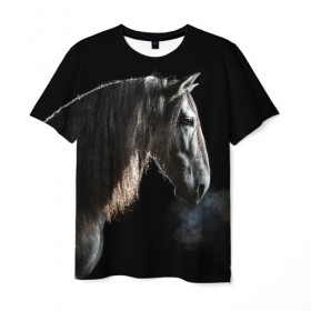 Мужская футболка 3D с принтом Серный в яблоках конь в Екатеринбурге, 100% полиэфир | прямой крой, круглый вырез горловины, длина до линии бедер | animal | beautiful | black | eyes | gloss | harness | horse | look | muzzle | portrait | в яблоках | взгляд | глаза | животное | конь | красивый | лоск | лошадь | портрет | сбруя | серый | скакун