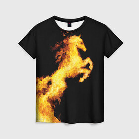 Женская футболка 3D с принтом Огненный конь в Екатеринбурге, 100% полиэфир ( синтетическое хлопкоподобное полотно) | прямой крой, круглый вырез горловины, длина до линии бедер | animal | beautiful | black | fiery | fire | horse | mane | wild | грива | дикий | животное | конь | красивый | лошадь | огненный | огонь | скакун | черный