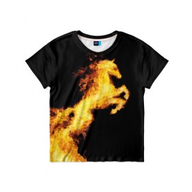 Детская футболка 3D с принтом Огненный конь в Екатеринбурге, 100% гипоаллергенный полиэфир | прямой крой, круглый вырез горловины, длина до линии бедер, чуть спущенное плечо, ткань немного тянется | Тематика изображения на принте: animal | beautiful | black | fiery | fire | horse | mane | wild | грива | дикий | животное | конь | красивый | лошадь | огненный | огонь | скакун | черный