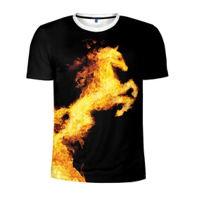 Мужская футболка 3D спортивная с принтом Огненный конь в Екатеринбурге, 100% полиэстер с улучшенными характеристиками | приталенный силуэт, круглая горловина, широкие плечи, сужается к линии бедра | Тематика изображения на принте: animal | beautiful | black | fiery | fire | horse | mane | wild | грива | дикий | животное | конь | красивый | лошадь | огненный | огонь | скакун | черный