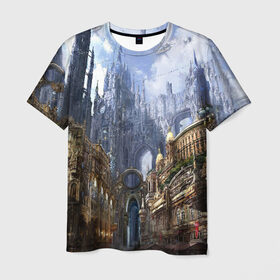 Мужская футболка 3D с принтом Древний город в Екатеринбурге, 100% полиэфир | прямой крой, круглый вырез горловины, длина до линии бедер | 3d | арт | башни | древний город | светлые | стимпанк | шпили