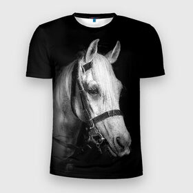Мужская футболка 3D спортивная с принтом Белая лошадь в Екатеринбурге, 100% полиэстер с улучшенными характеристиками | приталенный силуэт, круглая горловина, широкие плечи, сужается к линии бедра | animal | beautiful | black | eyes | gloss | harness | horse | look | muzzle | white | белый | взгляд | глаза | животное | конь | красивый | лоск | лошадь | сбруя | скакун