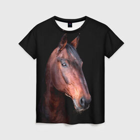 Женская футболка 3D с принтом Гнедая лошадь в Екатеринбурге, 100% полиэфир ( синтетическое хлопкоподобное полотно) | прямой крой, круглый вырез горловины, длина до линии бедер | animal | beautiful | black | brown | chocolate | eyes | gloss | horse | look | muzzle | portrait | взгляд | глаза | животное | конь | коричневый | красивый | лоск | лошадь | портрет | скакун | черный | шоколадный