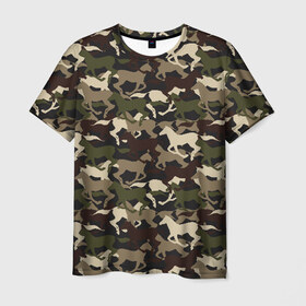 Мужская футболка 3D с принтом Камуфляж в Екатеринбурге, 100% полиэфир | прямой крой, круглый вырез горловины, длина до линии бедер | animal | camouflage | cool | herd | horse | khaki | military | военный | животное | камуфляж | конь | лошадь | прикольный | скакун | табун | хаки