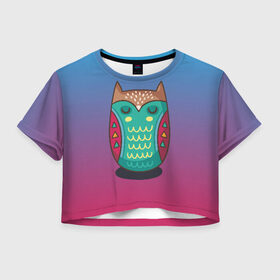 Женская футболка Cropp-top с принтом Мудрая сова в Екатеринбурге, 100% полиэстер | круглая горловина, длина футболки до линии талии, рукава с отворотами | арт | милая | милый | мудрая | перья | птенец | птица | птичка | сова | совенок | совушка
