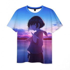 Мужская футболка 3D с принтом Anime Sunset в Екатеринбурге, 100% полиэфир | прямой крой, круглый вырез горловины, длина до линии бедер | Тематика изображения на принте: anime | clouds | girl | sunset | аниме | девушка | закат