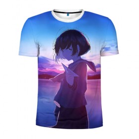 Мужская футболка 3D спортивная с принтом Anime Sunset в Екатеринбурге, 100% полиэстер с улучшенными характеристиками | приталенный силуэт, круглая горловина, широкие плечи, сужается к линии бедра | Тематика изображения на принте: anime | clouds | girl | sunset | аниме | девушка | закат