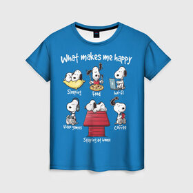 Женская футболка 3D с принтом Что делает меня счастливым в Екатеринбурге, 100% полиэфир ( синтетическое хлопкоподобное полотно) | прямой крой, круглый вырез горловины, длина до линии бедер | happy | makes | me | peanuts | snoopy | what | арахис | вудсток | пес | сабака | снупи | собака | чарли браун | щенок
