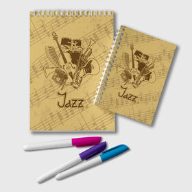 Блокнот с принтом Jazz в Екатеринбурге, 100% бумага | 48 листов, плотность листов — 60 г/м2, плотность картонной обложки — 250 г/м2. Листы скреплены удобной пружинной спиралью. Цвет линий — светло-серый
 | brown | cello | drum | guitar | instrument | jazz | musical | retro | saxophone | sheet music | trumpet | vintage | yellow | барабан | винтаж | виолончель | гитара | джаз | желтый | инструмент | коричневый | музыка | музыкальный | ноты | ретро | сак