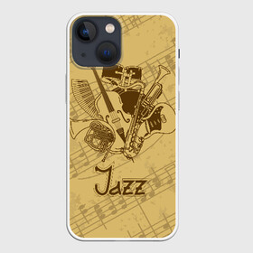 Чехол для iPhone 13 mini с принтом Jazz в Екатеринбурге,  |  | brown | cello | drum | guitar | instrument | jazz | musical | retro | saxophone | sheet music | trumpet | vintage | yellow | барабан | винтаж | виолончель | гитара | джаз | желтый | инструмент | коричневый | музыка | музыкальный | ноты | ретро | сак