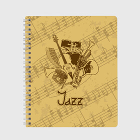 Тетрадь с принтом Jazz в Екатеринбурге, 100% бумага | 48 листов, плотность листов — 60 г/м2, плотность картонной обложки — 250 г/м2. Листы скреплены сбоку удобной пружинной спиралью. Уголки страниц и обложки скругленные. Цвет линий — светло-серый
 | brown | cello | drum | guitar | instrument | jazz | musical | retro | saxophone | sheet music | trumpet | vintage | yellow | барабан | винтаж | виолончель | гитара | джаз | желтый | инструмент | коричневый | музыка | музыкальный | ноты | ретро | сак