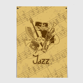 Постер с принтом Jazz в Екатеринбурге, 100% бумага
 | бумага, плотность 150 мг. Матовая, но за счет высокого коэффициента гладкости имеет небольшой блеск и дает на свету блики, но в отличии от глянцевой бумаги не покрыта лаком | Тематика изображения на принте: brown | cello | drum | guitar | instrument | jazz | musical | retro | saxophone | sheet music | trumpet | vintage | yellow | барабан | винтаж | виолончель | гитара | джаз | желтый | инструмент | коричневый | музыка | музыкальный | ноты | ретро | сак