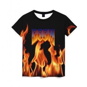 Женская футболка 3D с принтом DOOM в Екатеринбурге, 100% полиэфир ( синтетическое хлопкоподобное полотно) | прямой крой, круглый вырез горловины, длина до линии бедер | doom | doom eternal | game | дум | игры