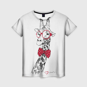 Женская футболка 3D с принтом Жираф в Екатеринбурге, 100% полиэфир ( синтетическое хлопкоподобное полотно) | прямой крой, круглый вырез горловины, длина до линии бедер | animal | bow tie | cool | giraffe | gray | red | white | белый | галстук  бабочка | животное | жираф | красный | очки | прикольный | серый
