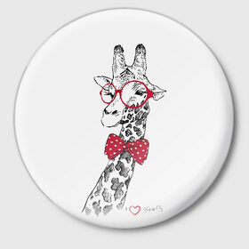 Значок с принтом Жираф в Екатеринбурге,  металл | круглая форма, металлическая застежка в виде булавки | animal | bow tie | cool | giraffe | gray | red | white | белый | галстук  бабочка | животное | жираф | красный | очки | прикольный | серый