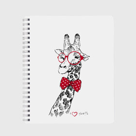Тетрадь с принтом Жираф в Екатеринбурге, 100% бумага | 48 листов, плотность листов — 60 г/м2, плотность картонной обложки — 250 г/м2. Листы скреплены сбоку удобной пружинной спиралью. Уголки страниц и обложки скругленные. Цвет линий — светло-серый
 | animal | bow tie | cool | giraffe | gray | red | white | белый | галстук  бабочка | животное | жираф | красный | очки | прикольный | серый