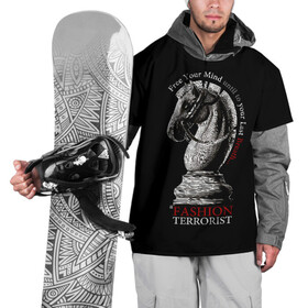 Накидка на куртку 3D с принтом A Fashion Terrorist в Екатеринбурге, 100% полиэстер |  | Тематика изображения на принте: black | chess | cool | figure | horse | red | slogan | style | white | белый | конь | красный | лошадь | прикольный | слоган | стиль | фигура | черный | шахматы