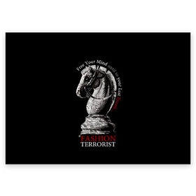 Поздравительная открытка с принтом A Fashion Terrorist в Екатеринбурге, 100% бумага | плотность бумаги 280 г/м2, матовая, на обратной стороне линовка и место для марки
 | Тематика изображения на принте: black | chess | cool | figure | horse | red | slogan | style | white | белый | конь | красный | лошадь | прикольный | слоган | стиль | фигура | черный | шахматы