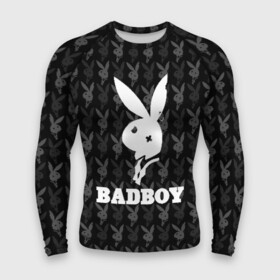 Мужской рашгард 3D с принтом Bad boy в Екатеринбурге,  |  | bad boy | bite | bow tie | broken | cool | ear | fighter | logo | man | playboy | rabbit | sign | symbol | white | белый | битый | боец | галстук бабочка | знак | кролик | логотип | любовь | мальчик | мужчина | откушенное | прикольный | сим