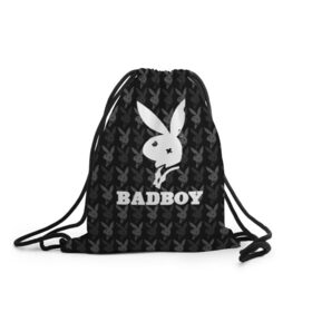 Рюкзак-мешок 3D с принтом Bad boy в Екатеринбурге, 100% полиэстер | плотность ткани — 200 г/м2, размер — 35 х 45 см; лямки — толстые шнурки, застежка на шнуровке, без карманов и подкладки | bad boy | bite | bow tie | broken | cool | ear | fighter | logo | man | playboy | rabbit | sign | symbol | white | белый | битый | боец | галстук бабочка | знак | кролик | логотип | любовь | мальчик | мужчина | откушенное | прикольный | сим