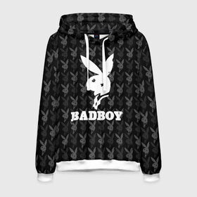 Мужская толстовка 3D с принтом Bad boy в Екатеринбурге, 100% полиэстер | двухслойный капюшон со шнурком для регулировки, мягкие манжеты на рукавах и по низу толстовки, спереди карман-кенгуру с мягким внутренним слоем. | Тематика изображения на принте: bad boy | bite | bow tie | broken | cool | ear | fighter | logo | man | playboy | rabbit | sign | symbol | white | белый | битый | боец | галстук бабочка | знак | кролик | логотип | любовь | мальчик | мужчина | откушенное | прикольный | сим