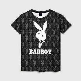 Женская футболка 3D с принтом Bad boy в Екатеринбурге, 100% полиэфир ( синтетическое хлопкоподобное полотно) | прямой крой, круглый вырез горловины, длина до линии бедер | bad boy | bite | bow tie | broken | cool | ear | fighter | logo | man | playboy | rabbit | sign | symbol | white | белый | битый | боец | галстук бабочка | знак | кролик | логотип | любовь | мальчик | мужчина | откушенное | прикольный | сим