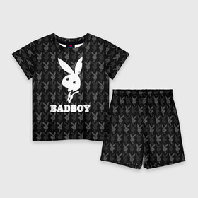 Детский костюм с шортами 3D с принтом Bad boy в Екатеринбурге,  |  | bad boy | bite | bow tie | broken | cool | ear | fighter | logo | man | playboy | rabbit | sign | symbol | white | белый | битый | боец | галстук бабочка | знак | кролик | логотип | любовь | мальчик | мужчина | откушенное | прикольный | сим