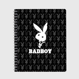 Тетрадь с принтом Bad boy в Екатеринбурге, 100% бумага | 48 листов, плотность листов — 60 г/м2, плотность картонной обложки — 250 г/м2. Листы скреплены сбоку удобной пружинной спиралью. Уголки страниц и обложки скругленные. Цвет линий — светло-серый
 | Тематика изображения на принте: bad boy | bite | bow tie | broken | cool | ear | fighter | logo | man | playboy | rabbit | sign | symbol | white | белый | битый | боец | галстук бабочка | знак | кролик | логотип | любовь | мальчик | мужчина | откушенное | прикольный | сим