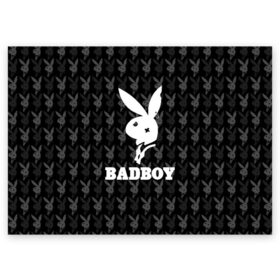 Поздравительная открытка с принтом Bad boy в Екатеринбурге, 100% бумага | плотность бумаги 280 г/м2, матовая, на обратной стороне линовка и место для марки
 | bad boy | bite | bow tie | broken | cool | ear | fighter | logo | man | playboy | rabbit | sign | symbol | white | белый | битый | боец | галстук бабочка | знак | кролик | логотип | любовь | мальчик | мужчина | откушенное | прикольный | сим