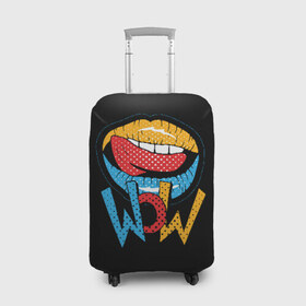 Чехол для чемодана 3D с принтом Wow в Екатеринбурге, 86% полиэфир, 14% спандекс | двустороннее нанесение принта, прорези для ручек и колес | blue | dots | lips | pop art | red | teeth | tongue | white | yellow | белый | губы | желтый | зубы | красный | поп  арт | точки | язык