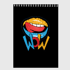 Скетчбук с принтом Wow в Екатеринбурге, 100% бумага
 | 48 листов, плотность листов — 100 г/м2, плотность картонной обложки — 250 г/м2. Листы скреплены сверху удобной пружинной спиралью | Тематика изображения на принте: blue | dots | lips | pop art | red | teeth | tongue | white | yellow | белый | губы | желтый | зубы | красный | поп  арт | точки | язык