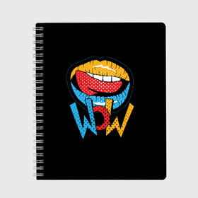 Тетрадь с принтом Wow в Екатеринбурге, 100% бумага | 48 листов, плотность листов — 60 г/м2, плотность картонной обложки — 250 г/м2. Листы скреплены сбоку удобной пружинной спиралью. Уголки страниц и обложки скругленные. Цвет линий — светло-серый
 | Тематика изображения на принте: blue | dots | lips | pop art | red | teeth | tongue | white | yellow | белый | губы | желтый | зубы | красный | поп  арт | точки | язык