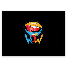 Поздравительная открытка с принтом Wow в Екатеринбурге, 100% бумага | плотность бумаги 280 г/м2, матовая, на обратной стороне линовка и место для марки
 | blue | dots | lips | pop art | red | teeth | tongue | white | yellow | белый | губы | желтый | зубы | красный | поп  арт | точки | язык