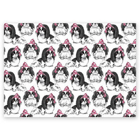 Поздравительная открытка с принтом Японские хины в Екатеринбурге, 100% бумага | плотность бумаги 280 г/м2, матовая, на обратной стороне линовка и место для марки
 | animal | bow | cute | dog | funny | gentle | gray | heart | muzzle | pink | white | бант | белый | животное | забавный | милый | нежный | розовый | сердце | серый | собака