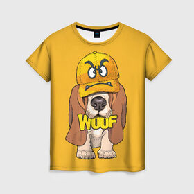 Женская футболка 3D с принтом Woof в Екатеринбурге, 100% полиэфир ( синтетическое хлопкоподобное полотно) | прямой крой, круглый вырез горловины, длина до линии бедер | animal | cap | dog | funny | slogan | text | yellow | бассет хаунд | желтый | животное | забавный | кепка | прикольный | слоган | смешной | собака | текст
