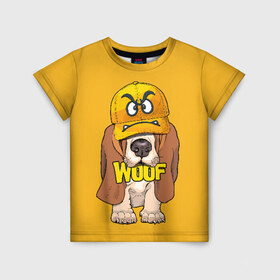 Детская футболка 3D с принтом Woof в Екатеринбурге, 100% гипоаллергенный полиэфир | прямой крой, круглый вырез горловины, длина до линии бедер, чуть спущенное плечо, ткань немного тянется | animal | cap | dog | funny | slogan | text | yellow | бассет хаунд | желтый | животное | забавный | кепка | прикольный | слоган | смешной | собака | текст