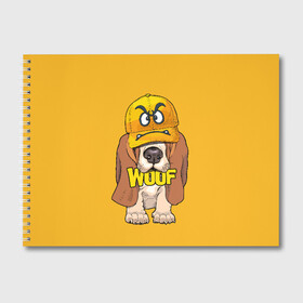 Альбом для рисования с принтом Woof в Екатеринбурге, 100% бумага
 | матовая бумага, плотность 200 мг. | animal | cap | dog | funny | slogan | text | yellow | бассет хаунд | желтый | животное | забавный | кепка | прикольный | слоган | смешной | собака | текст
