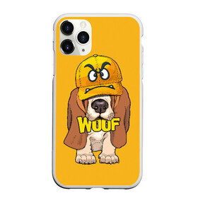 Чехол для iPhone 11 Pro матовый с принтом Woof в Екатеринбурге, Силикон |  | Тематика изображения на принте: animal | cap | dog | funny | slogan | text | yellow | бассет хаунд | желтый | животное | забавный | кепка | прикольный | слоган | смешной | собака | текст