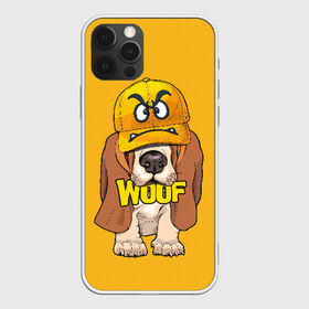 Чехол для iPhone 12 Pro Max с принтом Woof в Екатеринбурге, Силикон |  | Тематика изображения на принте: animal | cap | dog | funny | slogan | text | yellow | бассет хаунд | желтый | животное | забавный | кепка | прикольный | слоган | смешной | собака | текст