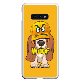 Чехол для Samsung S10E с принтом Woof в Екатеринбурге, Силикон | Область печати: задняя сторона чехла, без боковых панелей | animal | cap | dog | funny | slogan | text | yellow | бассет хаунд | желтый | животное | забавный | кепка | прикольный | слоган | смешной | собака | текст