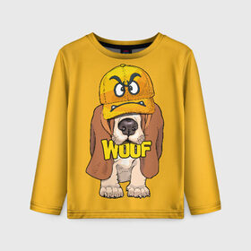 Детский лонгслив 3D с принтом Woof в Екатеринбурге, 100% полиэстер | длинные рукава, круглый вырез горловины, полуприлегающий силуэт
 | animal | cap | dog | funny | slogan | text | yellow | бассет хаунд | желтый | животное | забавный | кепка | прикольный | слоган | смешной | собака | текст