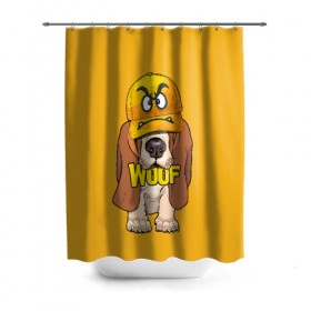 Штора 3D для ванной с принтом Woof в Екатеринбурге, 100% полиэстер | плотность материала — 100 г/м2. Стандартный размер — 146 см х 180 см. По верхнему краю — пластиковые люверсы для креплений. В комплекте 10 пластиковых колец | animal | cap | dog | funny | slogan | text | yellow | бассет хаунд | желтый | животное | забавный | кепка | прикольный | слоган | смешной | собака | текст