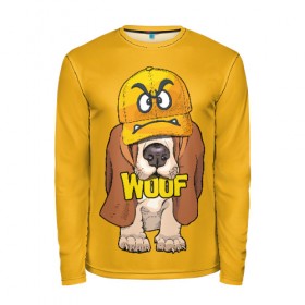 Мужской лонгслив 3D с принтом Woof в Екатеринбурге, 100% полиэстер | длинные рукава, круглый вырез горловины, полуприлегающий силуэт | animal | cap | dog | funny | slogan | text | yellow | бассет хаунд | желтый | животное | забавный | кепка | прикольный | слоган | смешной | собака | текст