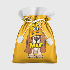 Подарочный 3D мешок с принтом Woof в Екатеринбурге, 100% полиэстер | Размер: 29*39 см | animal | cap | dog | funny | slogan | text | yellow | бассет хаунд | желтый | животное | забавный | кепка | прикольный | слоган | смешной | собака | текст